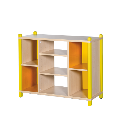 Raumteiler in Stollenbauweise - wechselseitig mit Plexiglas B/H/T: 106x80x40 cm, mittig offenes Regal, außen 4 wechselnde Fächer mit Plexiglas-Rückwänden