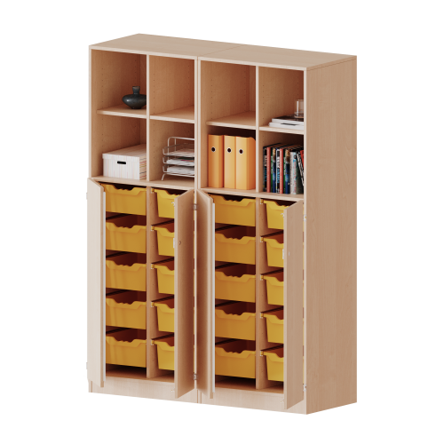 ErgoTray Kombi-Schrank, vierreihig, zweiteilig, 5 Ordnerhöhen - evo180 Serie B/H/T: 140,6x190x50 cm, unten 3 OH Türen und 20 hohe ErgoTray Boxen, oben 2 OH Regal, mit Sockel (81 mm), 2 Mittelwände ErgoTray Kombi-Schrank, vierreihig, zweiteilig, 5 Ordnerhöhen - evo180 Serie B/H/T: 140,6x190x50 cm, unten 3 OH Türen und 20 hohe ErgoTray Boxen, oben 2 OH Regal, mit Sockel (81 mm), 2 Mittelwände