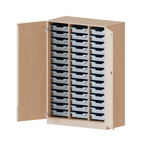 ErgoTray Schrank, dreireihig, 4 Ordnerhöhen - evo180 Serie B/H/T: 104,5x154x50 cm, zweitürig, mit Sockel (81 mm), mit 42 flachen ErgoTray Boxen ErgoTray Schrank, dreireihig, 4 Ordnerhöhen - evo180 Serie B/H/T: 104,5x154x50 cm, zweitürig, mit Sockel (81 mm), mit 42 flachen ErgoTray Boxen