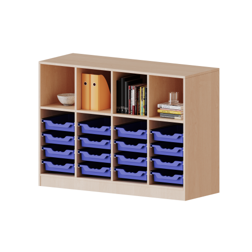 ErgoTray Regal, vierreihig, 2,5 Ordnerhöhen - evo180 Serie Breite 138,7 cm, Gesamthöhe 100 cm, mit Sockel, oben 4 Fächer, unten 16 flache ErgoTray Boxen ErgoTray Regal, vierreihig, 2,5 Ordnerhöhen - evo180 Serie Breite 138,7 cm, Gesamthöhe 100 cm, mit Sockel, oben 4 Fächer, unten 16 flache ErgoTray Boxen