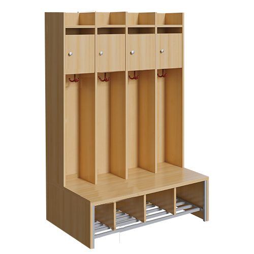 Spindgarderobe, kleine Tür B/H/T: 110x160x55 cm, 4 Plätze, Türen rechts, Bank, Schuhrost, 3fach-Haken