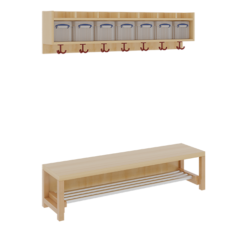 Komplettgarderobe mit einfacher Ablage inklusive Boxen B/T: 140x35 cm, 7 Plätze, Sitzhöhe 26 cm, 2teilig ohne Stütze, Ablage zur Wandmontage, Schuhrost aus Aluminiumrohren