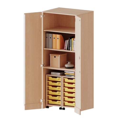 Garagenschrank ohne Sockel, 5 Ordnerhöhen - Serie evo180 B/H/T: 80x190x60 cm, 2 Container mit je 6 flachen ErgoTray Boxen