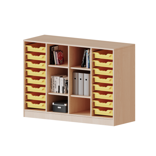 ErgoTray Regal, vierreihig, 2,5 Ordnerhöhen - evo180 Serie Breite 138,7 cm, Gesamthöhe 100 cm, mit Sockel, rechts und links je 8 flache ErgoTray Boxen, in der Mitte 6 offene Fächer ErgoTray Regal, vierreihig, 2,5 Ordnerhöhen - evo180 Serie Breite 138,7 cm, Gesamthöhe 100 cm, mit Sockel, rechts und links je 8 flache ErgoTray Boxen, in der Mitte 6 offene Fächer