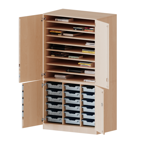 Bastelschrank, 5 Ordnerhöhen - Serie evo180 4-türiger Schrank mit 18 flachen ErgoTray Boxen, zweiteilig