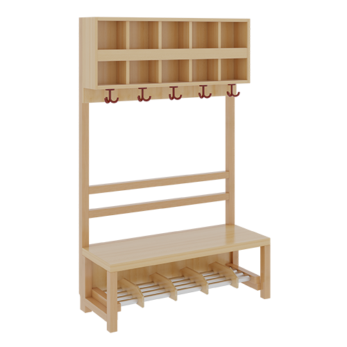 Komplettgarderobe mit doppelter Ablagereihe B/H/T: 100x158x39 cm, 5 Plätze, Sitzhöhe: 26 cm, offene Stütze in Buche-massiv, Schuhrost aus Aluminiumrohren mit Facheinteilungen