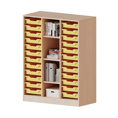 ErgoTray Regal, dreireihig, 3,5 Ordnerhöhen - evo180 Serie Breite 104,5 cm, Gesamthöhe 136 cm, mit Sockel, rechts und links je 12 flache ErgoTray Boxen, 4 Fächer in der Mitte ErgoTray Regal, dreireihig, 3,5 Ordnerhöhen - evo180 Serie Breite 104,5 cm, Gesamthöhe 136 cm, mit Sockel, rechts und links je 12 flache ErgoTray Boxen, 4 Fächer in der Mitte