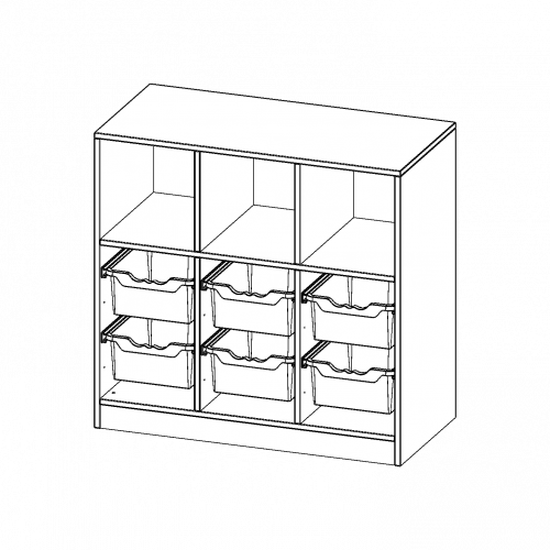ErgoTray Regal, dreireihig, 2,5 Ordnerhöhen - evo180 Serie B/H/T: 104,5x100x50 cm, mit Sockel (81 mm), oben 3 Fächer, unten 6 hohe ErgoTray Boxen
