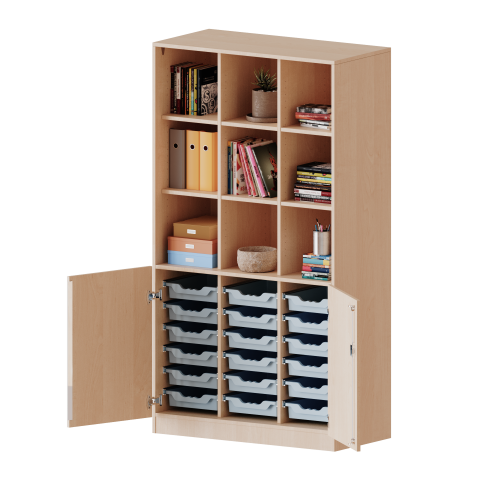 ErgoTray Kombi-Schrank, dreireihig, 5 Ordnerhöhen - evo180 Serie B/H/T: 104,5x190x50 cm, unten 2 OH Türen und 18 flache ErgoTray Boxen, oben 3 OH Regal, Sockel, 2 Mittelwände ErgoTray Kombi-Schrank, dreireihig, 5 Ordnerhöhen - evo180 Serie B/H/T: 104,5x190x50 cm, unten 2 OH Türen und 18 flache ErgoTray Boxen, oben 3 OH Regal, Sockel, 2 Mittelwände