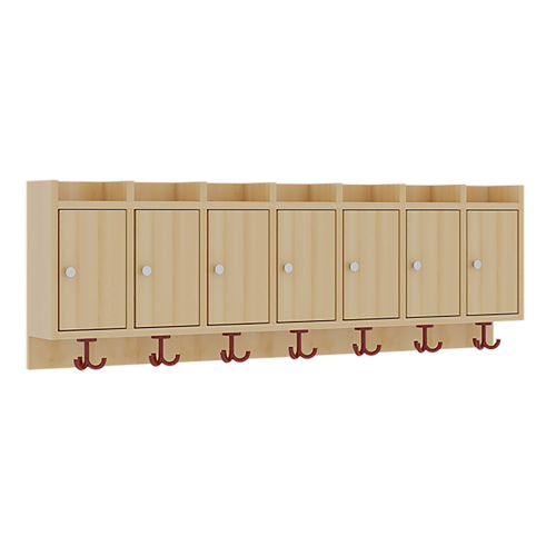 Garderobenablage mit Türen B/H/T: 140x46x27 cm, aus feuerhemmendem Material, 7 Fächer mit Türen, darunter 3fach-Haken, oben offene Unterteilungen