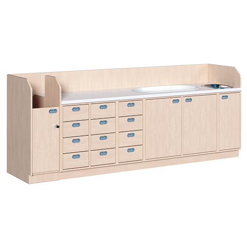 Wickelkommode, vierreihig zuzüglich Badewanne und Waschbecken B/H: 285x113 cm, Integrierter Aufgang, 12 Schübe und Badewanne, Waschbecken