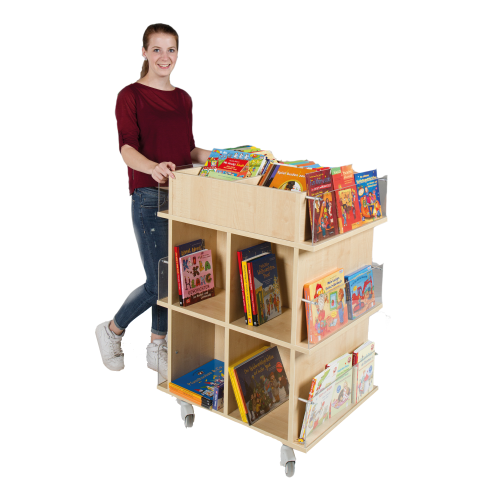 Präsentationswagen für Bücher, mit 18 Fächern B/H/T: 73x105x60 cm, Blenden aus Melamin Präsentationswagen für Bücher, mit 18 Fächern B/H/T: 73x105x60 cm, Blenden aus Melamin