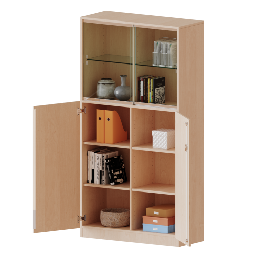 Kombischrank, 5 Ordnerhöhen, Drehtüren unten (3 OH), Glasschiebetüren oben (2 OH) - Serie evo180 Gesamthöhe 190 cm, alle Türen abschließbar, mit Mittelwand, mit Sockel (81 mm)