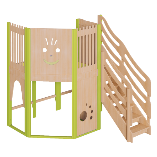 Spielburg, komplett in großer Höhe B/H/T: 228x240x252 cm, 2seitig wandmontiert, mit Schräge im Grundriß, Treppe als Aufgang Spielburg, komplett in großer Höhe B/H/T: 228x240x252 cm, 2seitig wandmontiert, mit Schräge im Grundriß, Treppe als Aufgang
