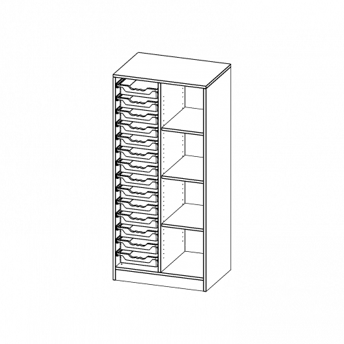 ErgoTray Regal, zweireihig, 4 Ordnerhöhen - evo180 Serie B/H/T: 70,3x154x50 cm, mit Sockel (81 mm), rechts 4 Fächer, links 14 flache ErgoTray Boxen