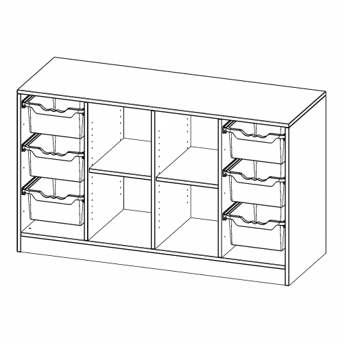 ErgoTray Regal, vierreihig, 2 Ordnerhöhen - evo180 Serie B/H/T: 138,7x82x50 cm, mit Sockel (81 mm), rechts und links je 3 hohe ErgoTray Boxen, in der Mitte 4 offene Fächer