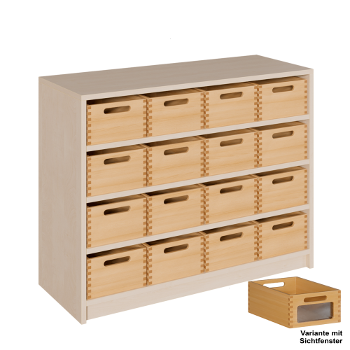 Korpus-Regal mit Materialkästen Regale in 3 verschiedenen Breiten und 2 Höhen in Korpustiefe 40 cm, Massivholz-Kästen mit/ohne Sichtfenster in entsprechender Anzahl