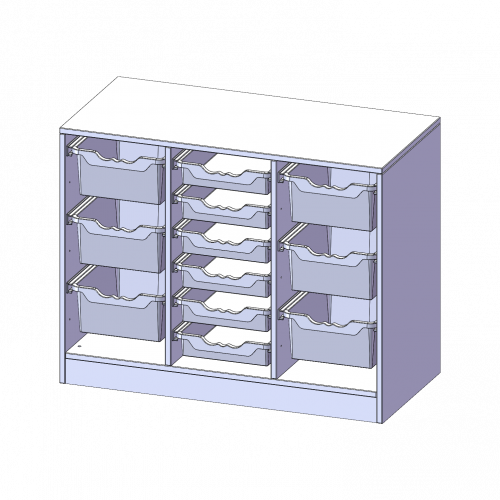 ErgoTray Regal, dreireihig, 2 Ordnerhöhen - evo180 Serie B/H/T: 104,5x82x50 cm, mit Sockel (81 mm), rechts und links je 3 hohe, in der Mitte 6 flache ErgoTray Boxen