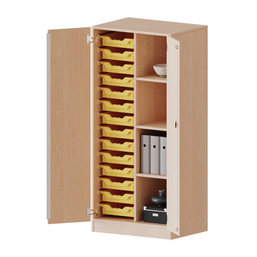 ErgoTray Schrank, zweireihig, 4 Ordnerhöhen - evo180 Serie B/H/T: 70,3x154x50 cm, zweitürig, mit Sockel (81 mm), mit 14 flachen ErgoTray Boxen