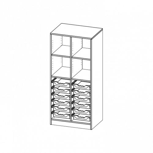 ErgoTray Regal, zweireihig, 4 Ordnerhöhen - evo180 Serie B/H/T: 70,3x154x50 cm, mit Sockel (81 mm), oben 4 Fächer, unten 12 flache ErgoTray Boxen