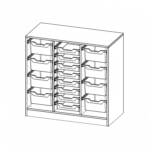 ErgoTray Regal, dreireihig, 2,5 Ordnerhöhen - evo180 Serie B/H/T: 104,5x100x50 cm, mit Sockel (81 mm), rechts und links je 4 hohe, in der Mitte 8 flache ErgoTray Boxen