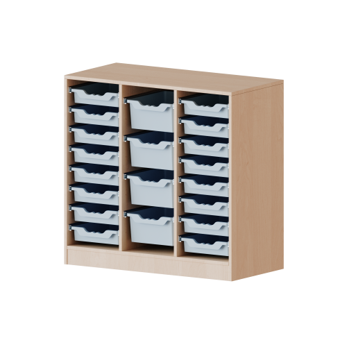 ErgoTray Regal, dreireihig, 2,5 Ordnerhöhen - evo180 Serie Breite 104,5 cm, Gesamthöhe 100 cm, mit Sockel, rechts und links je 8 flache, in der Mitte 4 hohe ErgoTray Boxen ErgoTray Regal, dreireihig, 2,5 Ordnerhöhen - evo180 Serie Breite 104,5 cm, Gesamthöhe 100 cm, mit Sockel, rechts und links je 8 flache, in der Mitte 4 hohe ErgoTray Boxen