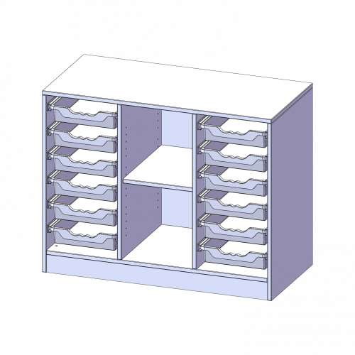 ErgoTray Regal, dreireihig, 2 Ordnerhöhen - evo180 Serie B/H/T: 104,5x82x50 cm, mit Sockel (81 mm), rechts und links je 6 flache ErgoTray Boxen, 2 Fächer in der Mitte