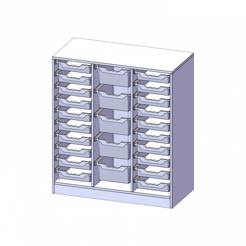 ErgoTray Regal, dreireihig, 3 Ordnerhöhen - evo180 Serie B/H/T: 104,5x118x50 cm, mit Sockel (81 mm), rechts und links je 10 flache, in der Mitte 5 hohe ErgoTray Boxen