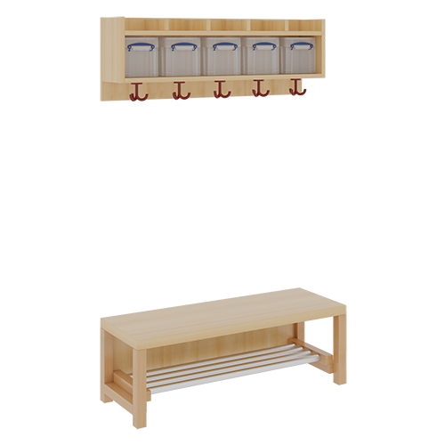 Komplettgarderobe mit einfacher Ablage inklusive Boxen B/T: 100x35 cm, 5 Plätze, Sitzhöhe 26 cm, 2teilig ohne Stütze, Ablage zur Wandmontage, Schuhrost aus Aluminiumrohren