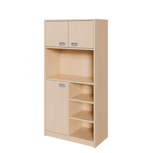 Korpus-Schrank, unten Tür und Regal, oben Doppeltüren Kombi-Schränke, unten links/rechts wechselnd Tür und Regal, oben Doppeltüren, Einlegeböden, Mitte mit großem Regalfach