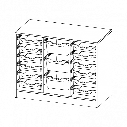 ErgoTray Regal, dreireihig, 2 Ordnerhöhen - evo180 Serie B/H/T: 104,5x82x50 cm, mit Sockel (81 mm), rechts und links je 6 flache, in der Mitte 3 hohe ErgoTray Boxen