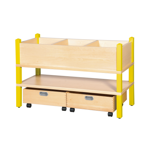 Stollen-Bücher- und Spielregal B/H/T: 106x60x40 cm, oben 3 Fächer, unten 2 Rollkästen