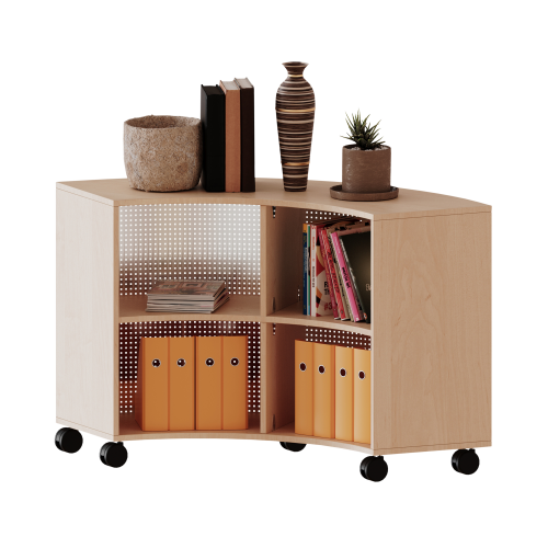 Fahrbares Viertelkreisregal, 2 Ordnerhöhen - Serie evo180 B/H/T: 139,6x82x40 cm, Rückwand aus Lochblech Fahrbares Viertelkreisregal, 2 Ordnerhöhen - Serie evo180 B/H/T: 139,6x82x40 cm, Rückwand aus Lochblech