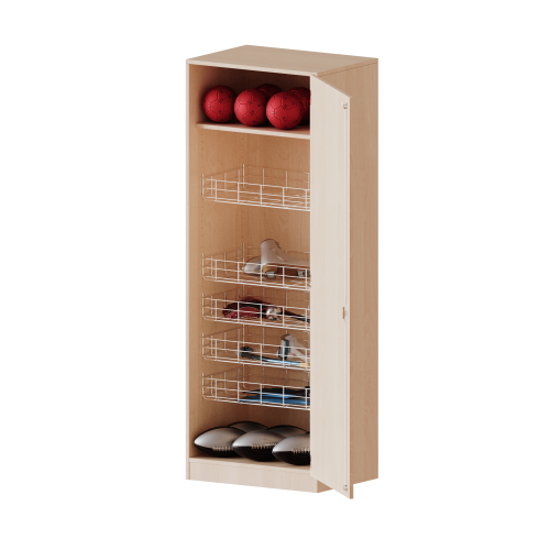 Sportschrank, 5 Ordnerhöhen - Serie evo180 Breite 70,3 cm, Gesamthöhe 190 cm, mit 4 Ballkörben, Tür öffnet rechts oder links, mit Sockel (81 mm) Sportschrank, 5 Ordnerhöhen - Serie evo180 Breite 70,3 cm, Gesamthöhe 190 cm, mit 4 Ballkörben, Tür öffnet rechts oder links, mit Sockel (81 mm)