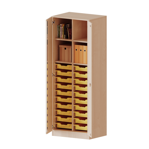 ErgoTray Schrank, zweireihig, 5 Ordnerhöhen - evo180 Serie B/H/T: 70,3x190x50 cm, zweitürig, mit Sockel (81 mm), mit Mittelwand, mit 20 flachen ErgoTray Boxen
