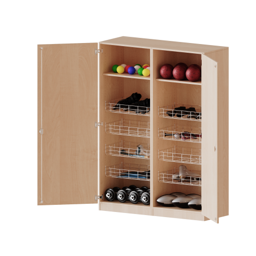 Sportschrank, 5 Ordnerhöhen - Serie evo180 Breite 140,6 cm, Gesamthöhe 190 cm, 8 Ballkörbe, mit Sockel (81 mm) Sportschrank, 5 Ordnerhöhen - Serie evo180 Breite 140,6 cm, Gesamthöhe 190 cm, 8 Ballkörbe, mit Sockel (81 mm)