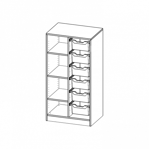 ErgoTray Regal, zweireihig, 3,5 Ordnerhöhen - evo180 Serie B/H/T: 70,3x136x50 cm, mit Sockel (81 mm), links 4 Fächer, rechts 6 hohe ErgoTray Boxen