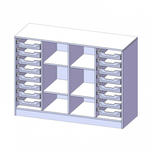 ErgoTray Regal, vierreihig, 2,5 Ordnerhöhen - evo180 Serie B/H/T: 138,7x100x50 cm, mit Sockel (81 mm), rechts und links je 8 flache ErgoTray Boxen, in der Mitte 6 offene Fächer