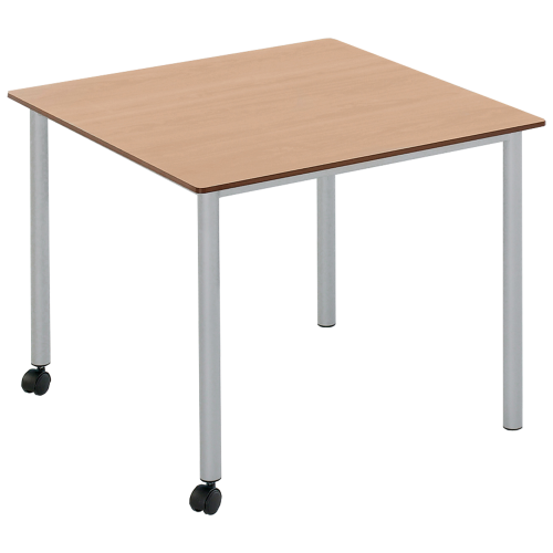 Vari² Quadrattisch, Schultisch fahrbar mit Rundrohrgestell & Vollkernplatte B/T: 90x90 cm, mobiler Quadrattisch mit Vollkern Tischplatte, Tischhöhe nach DIN wählbar