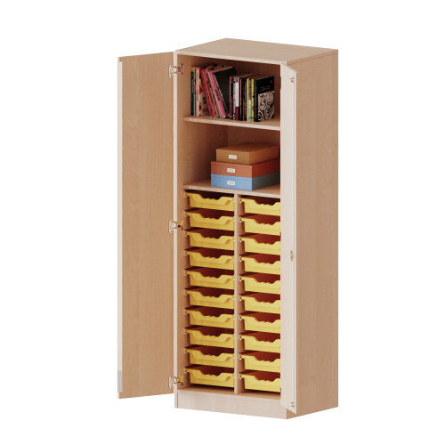 ErgoTray Schrank, zweireihig, 5 Ordnerhöhen - evo180 Serie B/H/T: 70,3x190x50 cm, zweitürig, mit Sockel (81 mm), mit 20 flachen ErgoTray Boxen