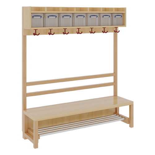 Komplettgarderobe mit einfacher Ablage inklusive Boxen B/H/T: 140x158x39 cm, 7 Plätze, Sitzhöhe: 42 cm, offene Stütze in Buche-massiv, mit Schuhrost aus Aluminiumrohren
