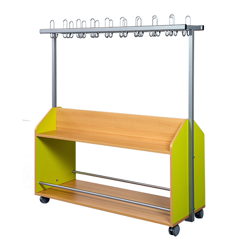 Garderobenwagen doppelseitig mit Ablagen in 2 Etagen und Garderoben-Dreifachhaken, H/T: 160x50 cm