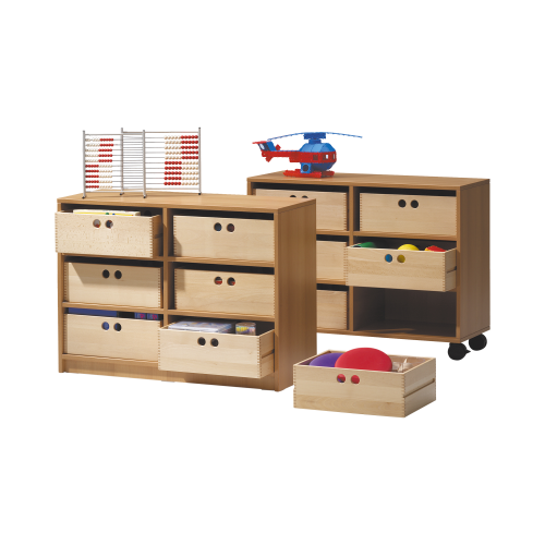 Fahrbares Regal mit MW, 4 Böden und 6 HK 6 B/H/T 104x77x40 cm, Holzkästen Buche Fahrbares Regal mit MW, 4 Böden und 6 HK 6 B/H/T 104x77x40 cm, Holzkästen Buche