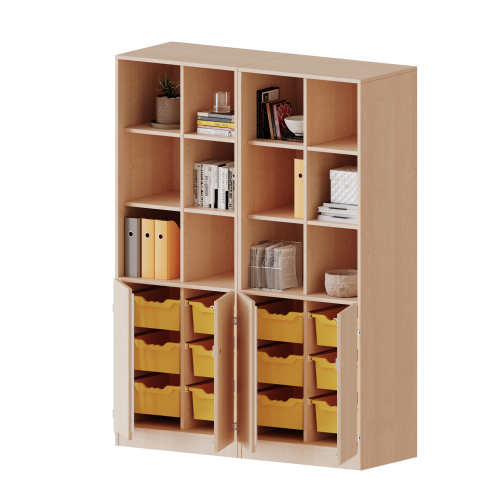 ErgoTray Kombi-Schrank, vierreihig, zweiteilig, 5 Ordnerhöhen - evo180 Serie B/H/T: 140,6x190x50 cm, unten 2 OH Türen und 12 hohe ErgoTray Boxen, oben 3 OH Regal, mit Sockel (81 mm), 2 Mittelwände ErgoTray Kombi-Schrank, vierreihig, zweiteilig, 5 Ordnerhöhen - evo180 Serie B/H/T: 140,6x190x50 cm, unten 2 OH Türen und 12 hohe ErgoTray Boxen, oben 3 OH Regal, mit Sockel (81 mm), 2 Mittelwände