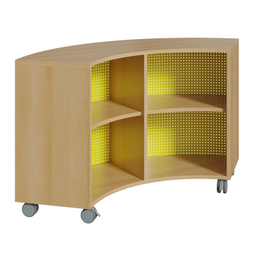 Regal auf 1/4-Kreis-Grundriß, Rückwand aus Lochblech Bogenregal auf 90° in 2 Höhen, mit Zwischenböden, Lochblechplatte als Rückwand