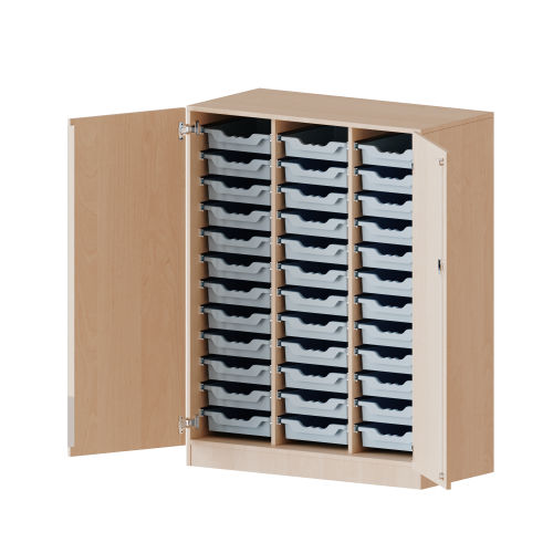 ErgoTray Schrank, dreireihig, 3,5 Ordnerhöhen - evo180 Serie B/H/T: 104,5x136x50 cm, zweitürig, mit Sockel (81 mm), mit 36 flachen ErgoTray Boxen ErgoTray Schrank, dreireihig, 3,5 Ordnerhöhen - evo180 Serie B/H/T: 104,5x136x50 cm, zweitürig, mit Sockel (81 mm), mit 36 flachen ErgoTray Boxen