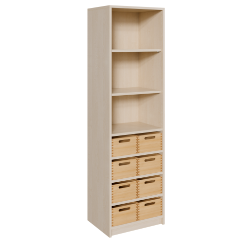 Korpus-Regal mit Materialkästen und offenen Fächern B/H/T: 52x180x40 cm, unten mit 8 Massivholz-Kästen (ohne Sichtfenster), oben Regal mit 3 Fächern