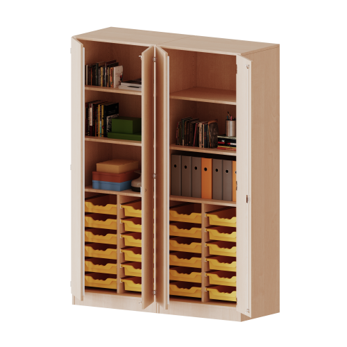ErgoTray Schrank, zweiteilig, vierreihig, 5 Ordnerhöhen - evo180 Serie B/H/T: 140,6x190x50 cm, viertürig, zweiteilig, mit Sockel (81 mm), mit Mittelwand, mit 24 flachen ErgoTray Boxen
