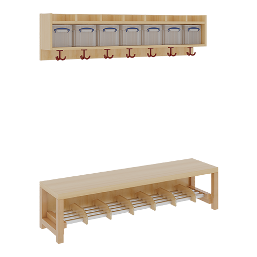Komplettgarderobe mit einfacher Ablage inklusive Boxen B/T: 140x35 cm, 7 Plätze, Sitzhöhe 26 cm, 2teilig ohne Stütze, Ablage zur Wandmontage, Alurohr-Schuhrost mit Trennungen