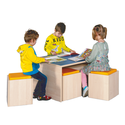 Tischpodest mit Linoleumdeckplatte und 4 Hockern B/H/T: 70 x 46 x 70 cm, TH: 46 cm,  SH: 34 cm
